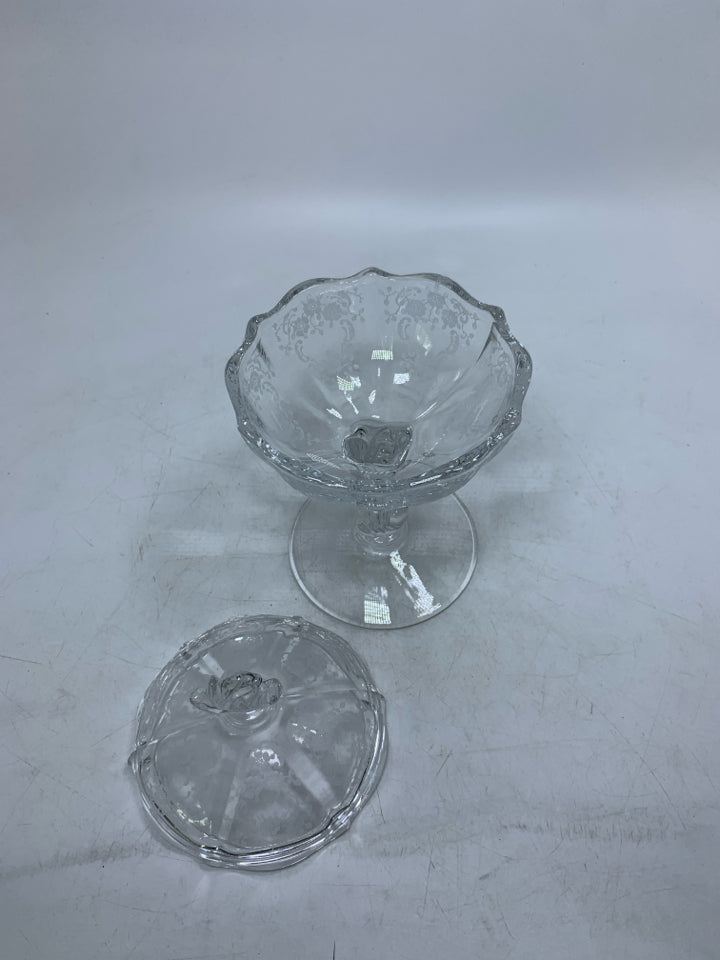 FOOTED PRESSED CLEAR GLASS SMALL CANDY DISH W/ LID.