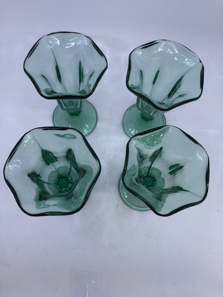 4 GREEN GLASS FOOTED SUNDAE DISHES.