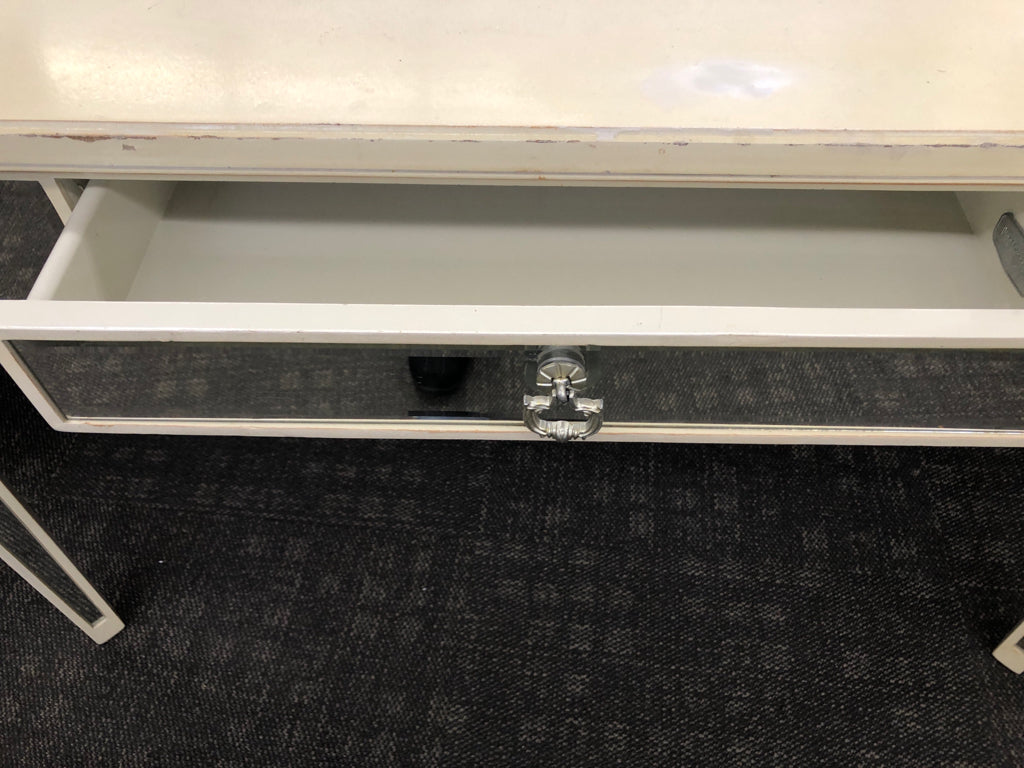 CREAM DISTRESSED PIER 1 DESK W/MIRRORED LEGS & DRAWER.