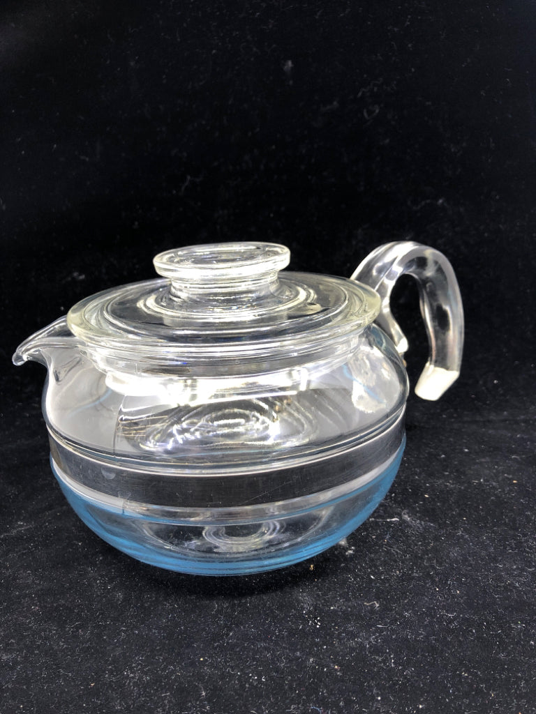 VTG FLAMEWARE 6 CUP GLASS TEAPOT W METAL BAND #8336.