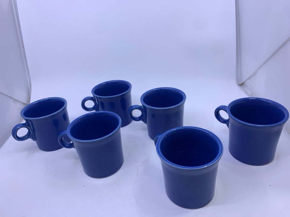 6 FIESTA WARE BLUE MUGS W RING HANDLE.