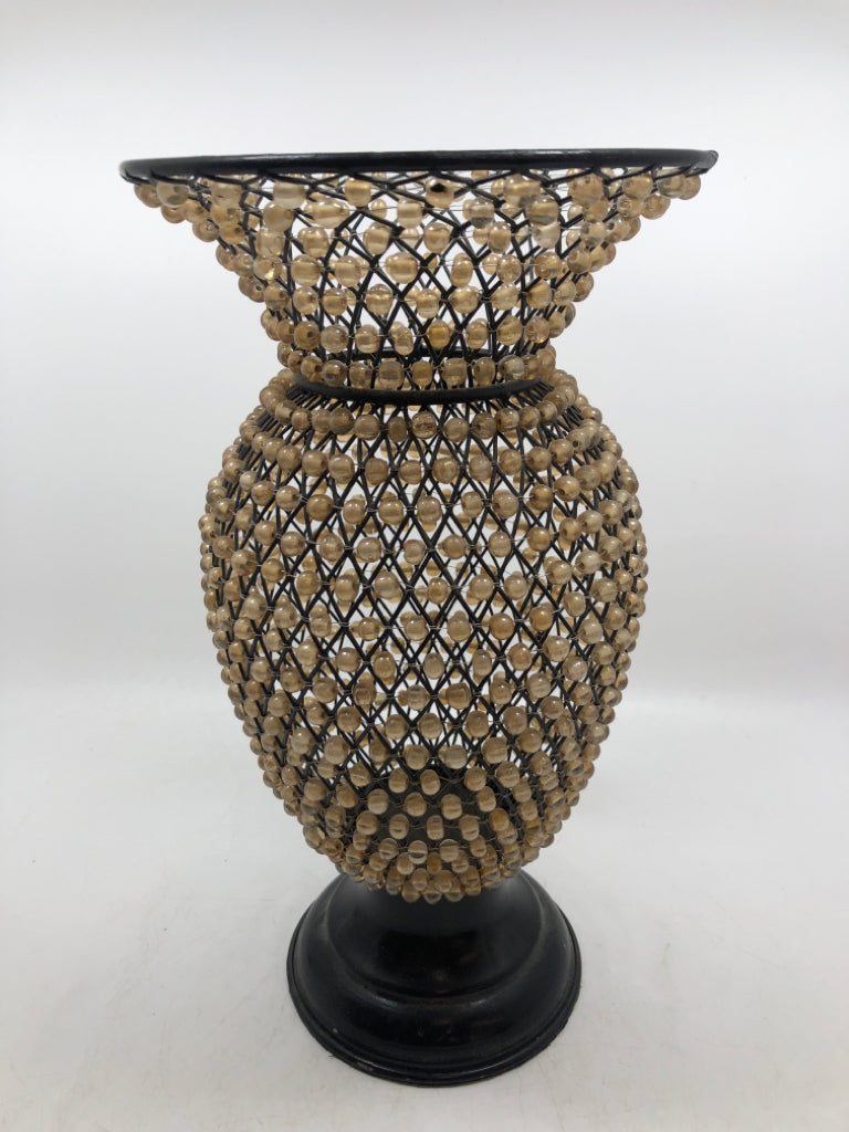 BEADED VASE W METAL BASE.