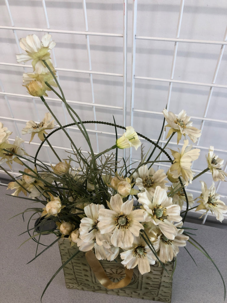 METAL BAG VASE W/WHITE FLORALS.