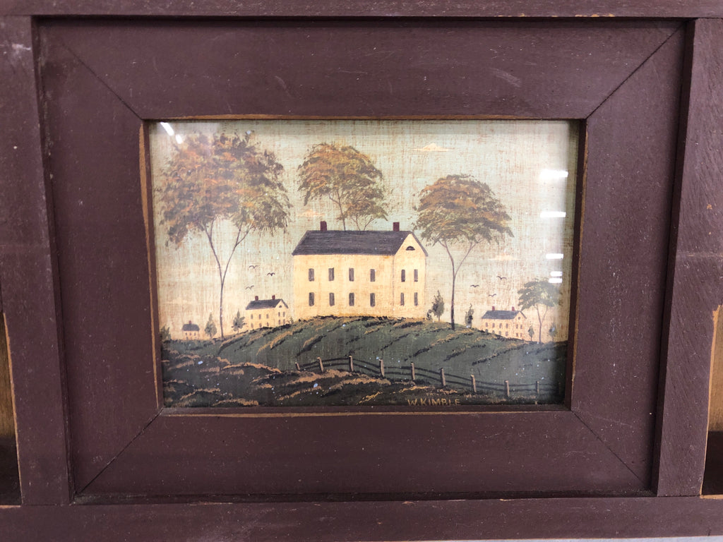 PRIMITIVE HANGING SHELF W PICTURE OF WHITE HOUSE + 5 SHELVES.