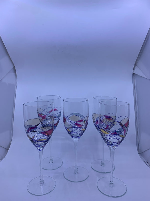 5 LARGE STAINED GLASS WINE GLASS.