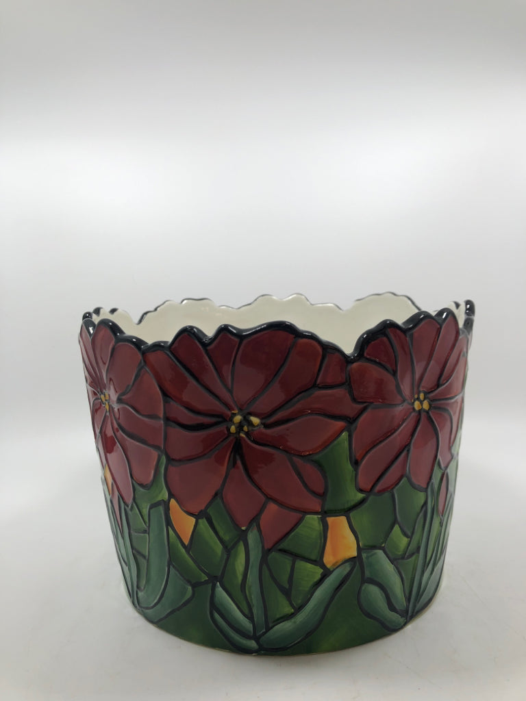 RED FLORAL CERAMIC PLANTER.