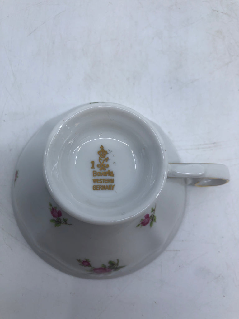 8 PC CUP/SAUCER SET WHITE W/ PINK ROSES GOLD RIM BAVARIA.