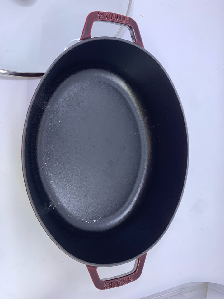 OVAL MAROON HEAVY DUTY STAUB DUTCH OVENDISH WITH GLASS LID.