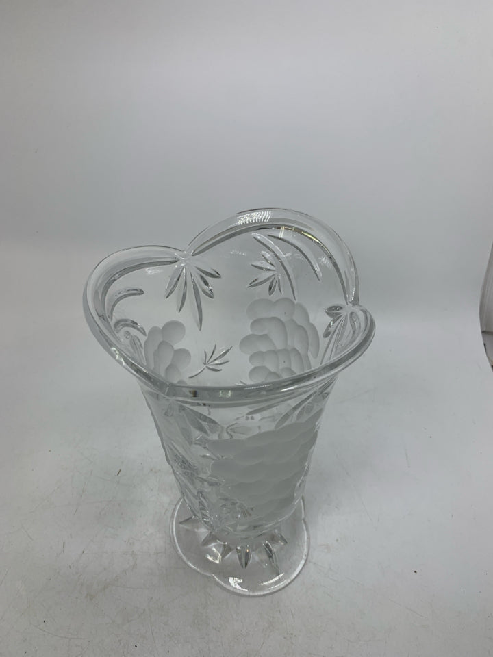 HEAVY FOOTED CRYSTAL VASE W/ FROSTED GRAPES.