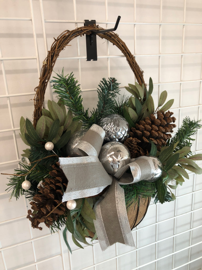 SILVER BOW & PINECONE DOOR HANGING.