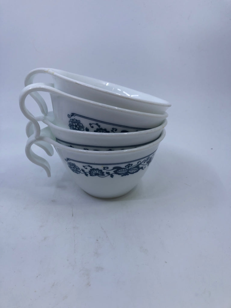 4 CORELLE WHITE MUGS W/ BLUE DETAILS CURVED HANDLE.