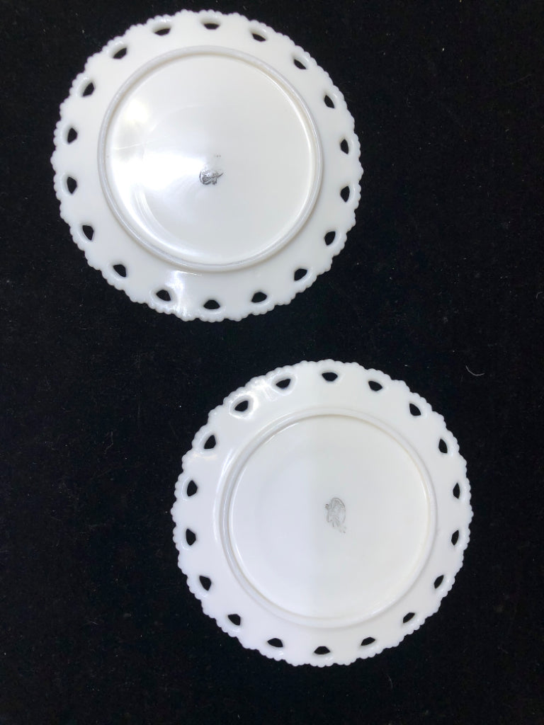 2PC MILKGLASS LACED EDGE PLATES W/PLUMS.