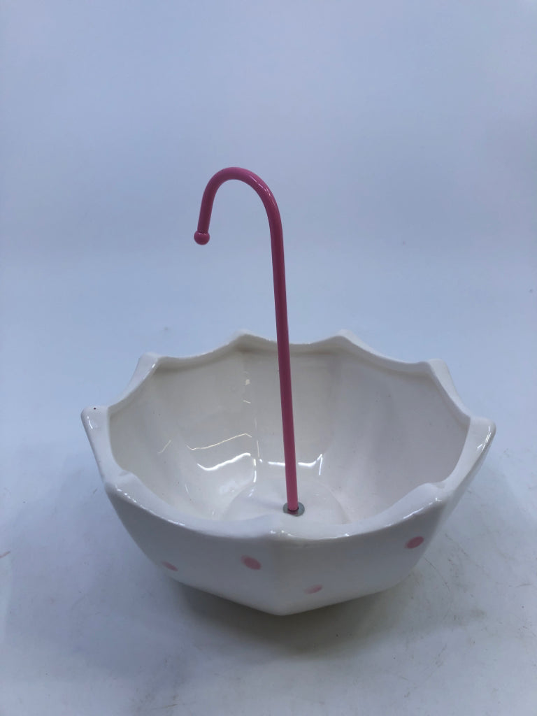 PINK AND WHITE NOVELTY UMBRELLA JEWELRY BOWL.