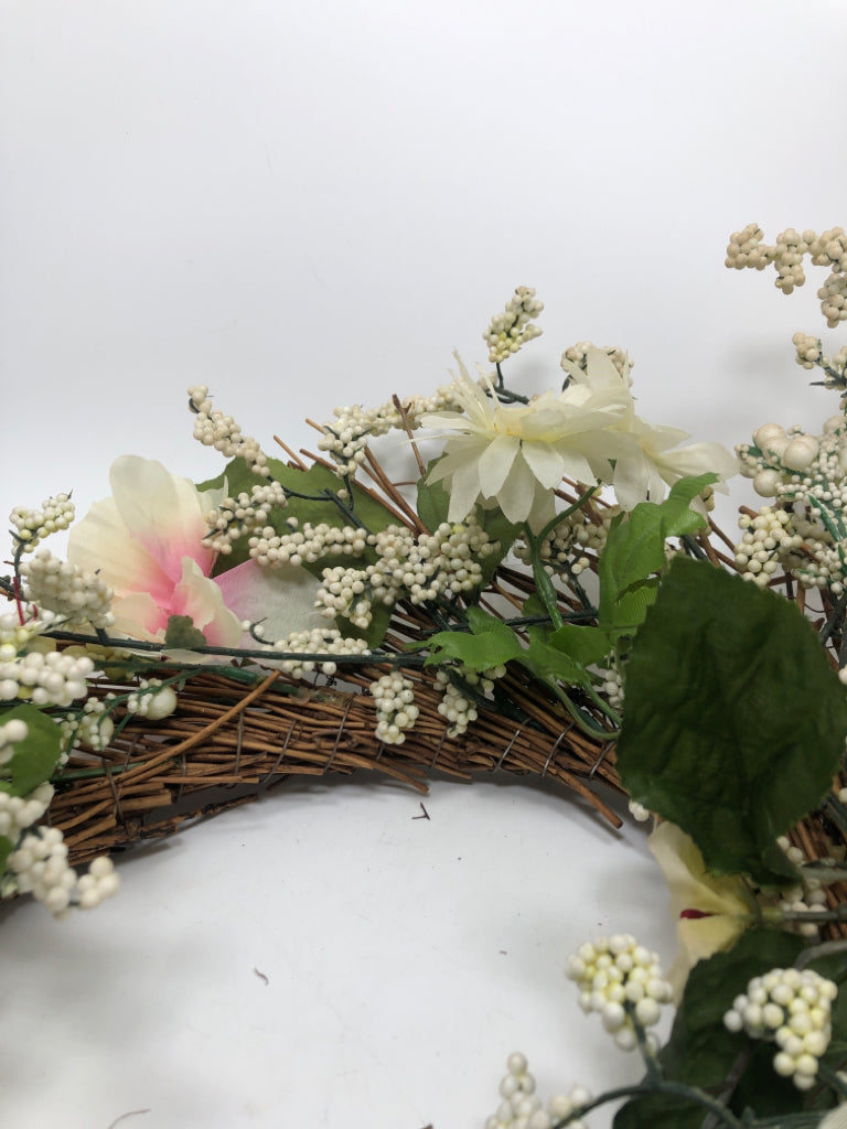 FAUX PINK/YELLOW FLORAL WREATH.