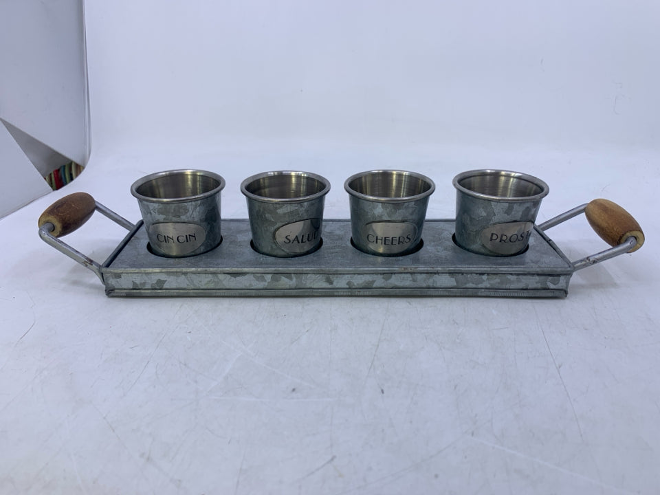 GALVANIZED TRAY W/ 4 SMALL GLASSES DRINK FLIGHT.