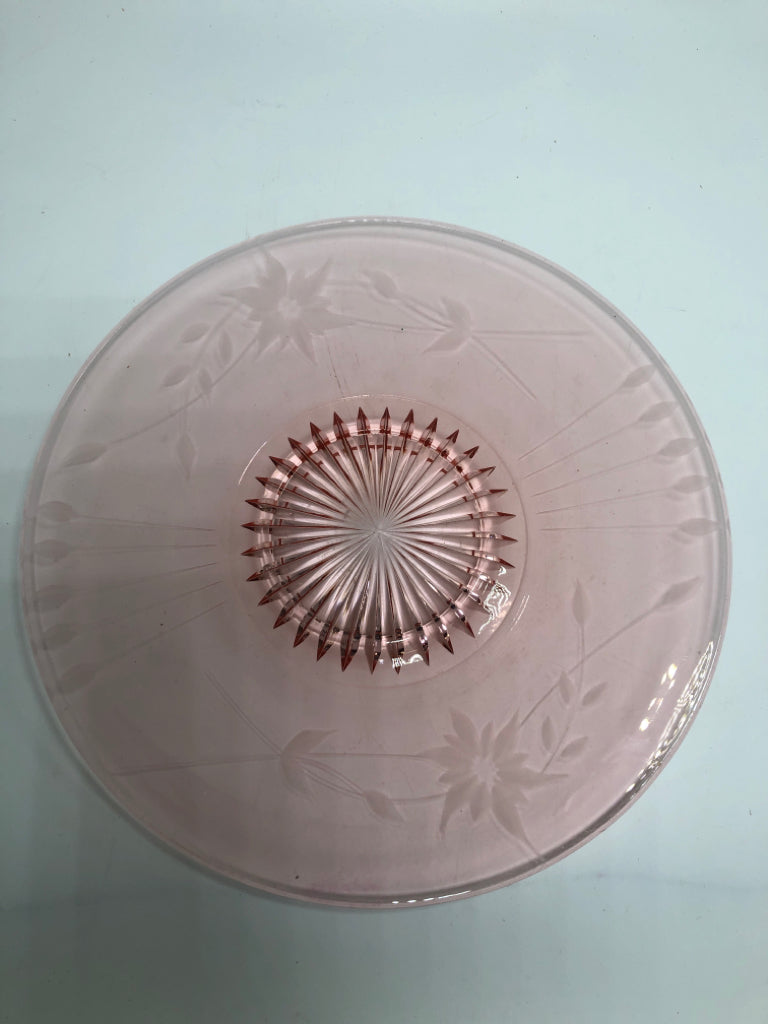 VTG PINK GLASS FLORAL ETCHED PLATE.