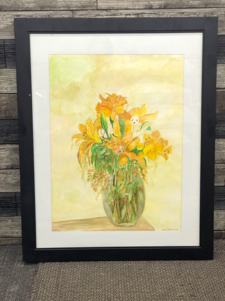 YELLOW FLORAL IN BLACK FRAME WALL ART.