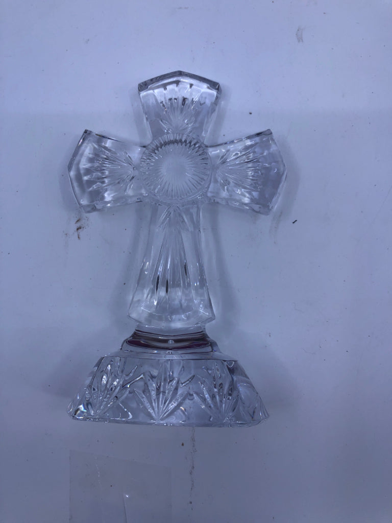 GLASS CROSS ON STAND W/ ETCHED LINES.