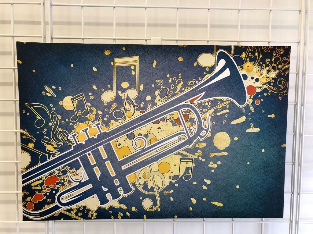 BLUE CANVAS W/ MUSIC NOTES & TRUMPET.