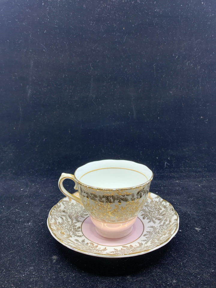 VTG PINK W GOLD FLORAL TEACUP AND SAUCER.