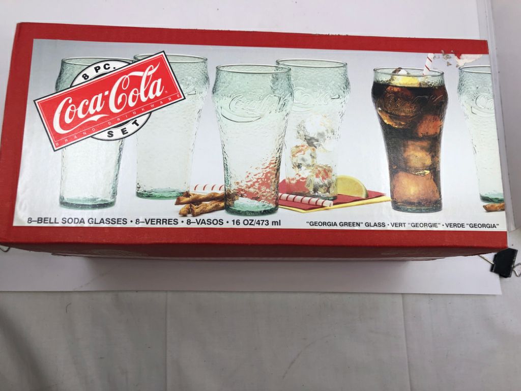 NIB 8 BELL SODA COKE GLASSES.
