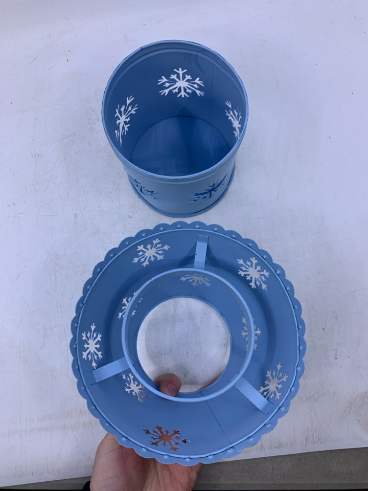 LIGHT BLUE METAL CANDLE HOLDER/SHADE W/ PIERCED SNOWFLAKES.
