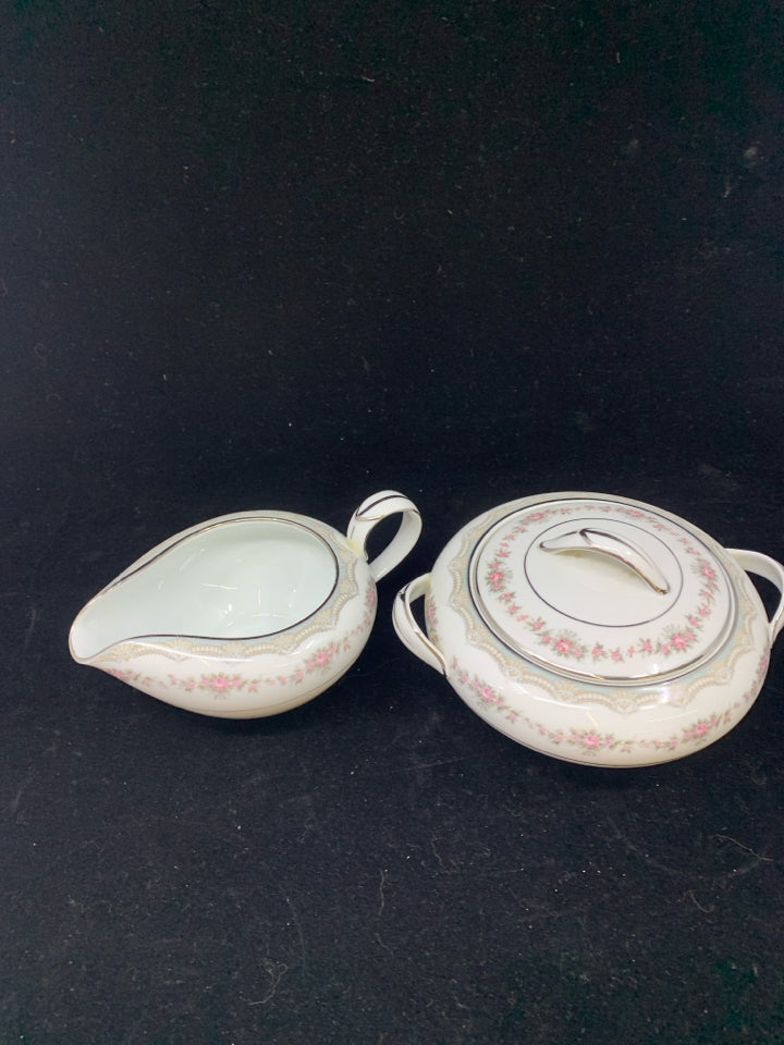 SUG/CREAMER W/ PINK ROSES RIM NORITAKE CHINA.