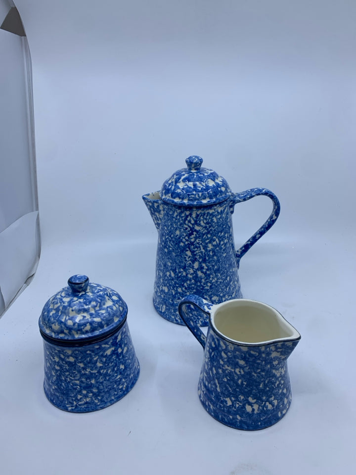 3pc SPONGED BLUE COFFEE POT,  CREAMER AND SUGAR.