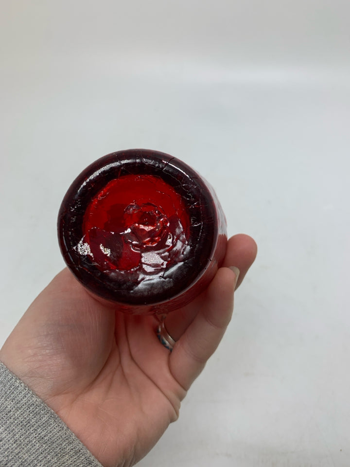 SMALL RED CRACKLE GLASS PITCHER.