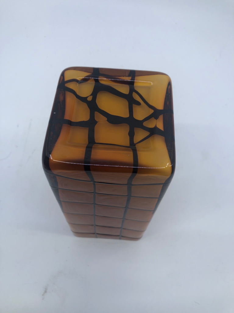 ORANGE AND BLACK SQUARE VASE.