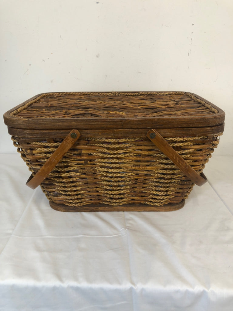 RED CHECK LINED PICNIC BASKET.