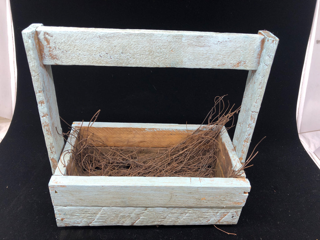 DISTRESSED BLUE WOOD BASKET W TWIG FILLER.