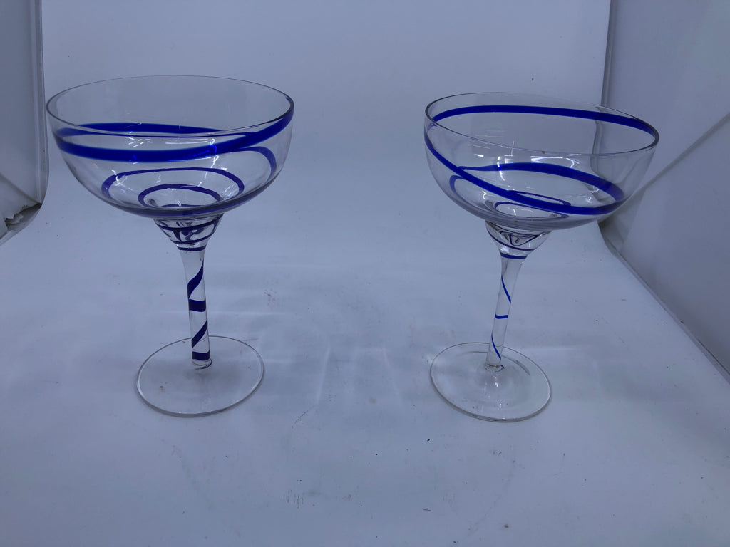 2 MARGARITA GLASSES W/ COBALT BLUE SWIRL.