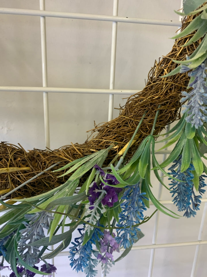 PURPLE/BLUE FLOWERS TWIG WREATH.