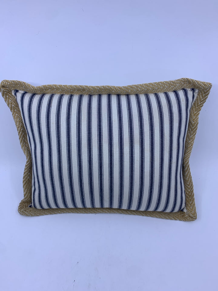 BLUE STRIPED BURLAP TRIM PILLOW.