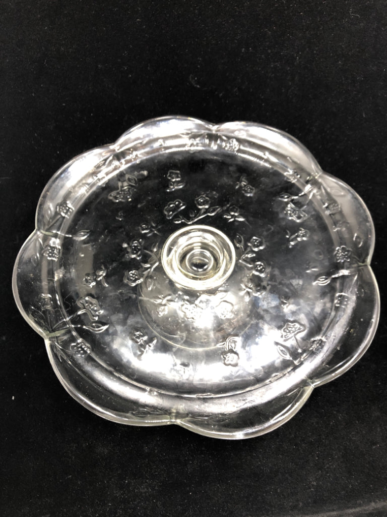GLASS CAKE STAND W/ROSE ETCHING.