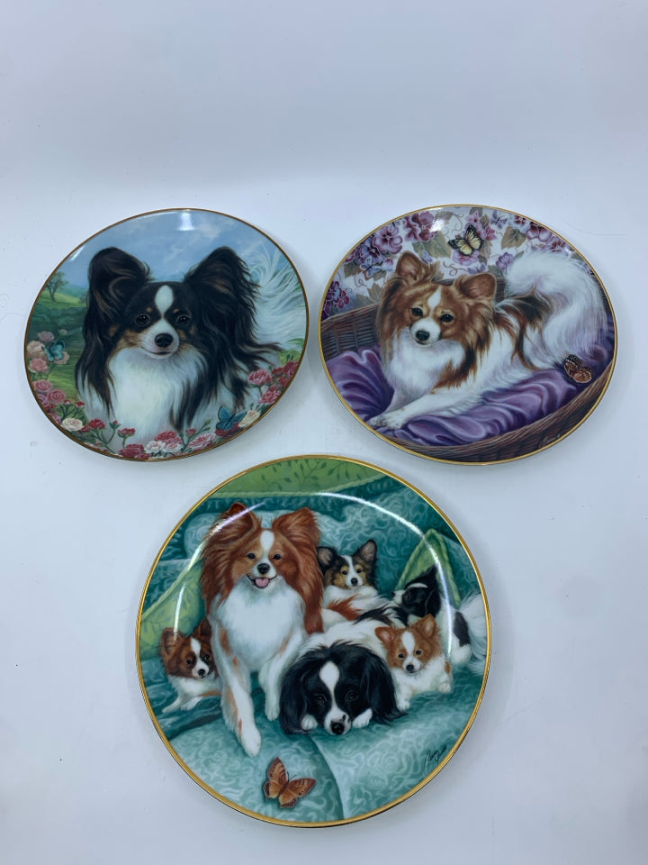 3 PAPILLONS DOG PLATES.