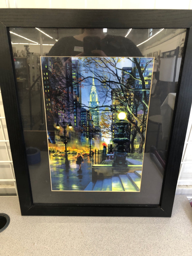 FRAMED COLORFUL NYC WATERCOLOR STYLE ARTWORK.