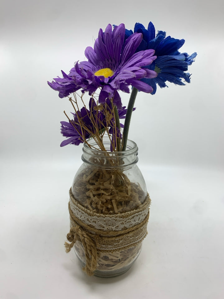 BLUE/PURPLE HYDRANGEA IN LACE WRAPPED GLASS JAR.