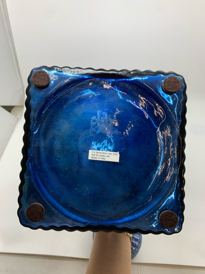 BLUE SQUARE MERCURY GLASS JAR W/LID.