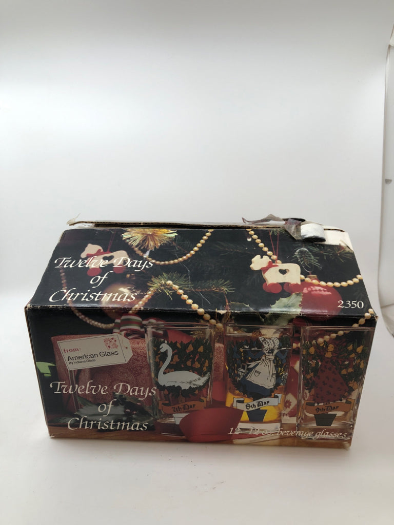 VTG TWELVE DAYS OF CHRISTMAS DRINKING GLASSES.
