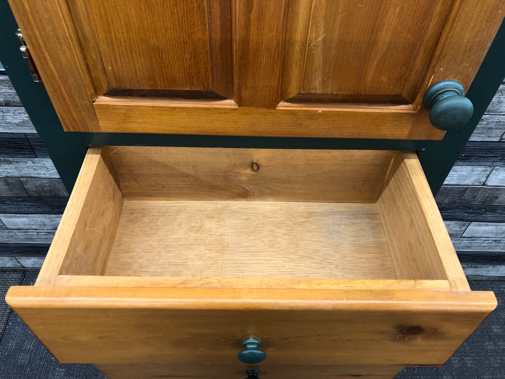 TALL WOOD PAINTED GREEN 2 CABINET W/ 2 DRAWER THIN CABINET.