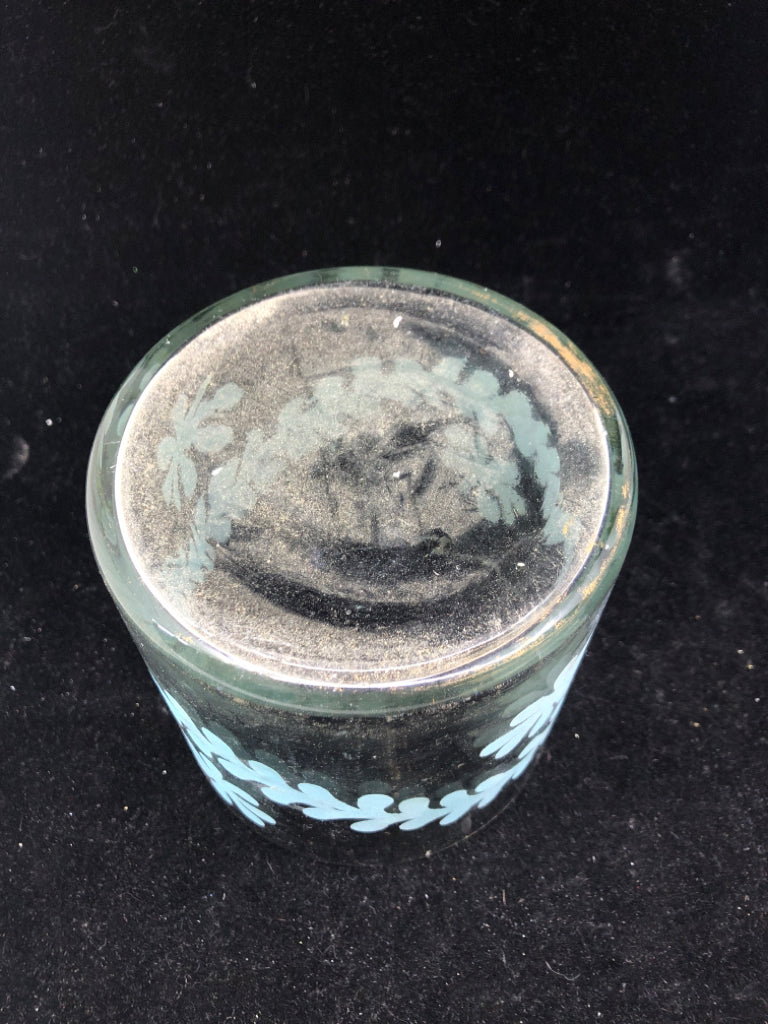 BLUE LEAVES GLASS CANDLE HOLDER.