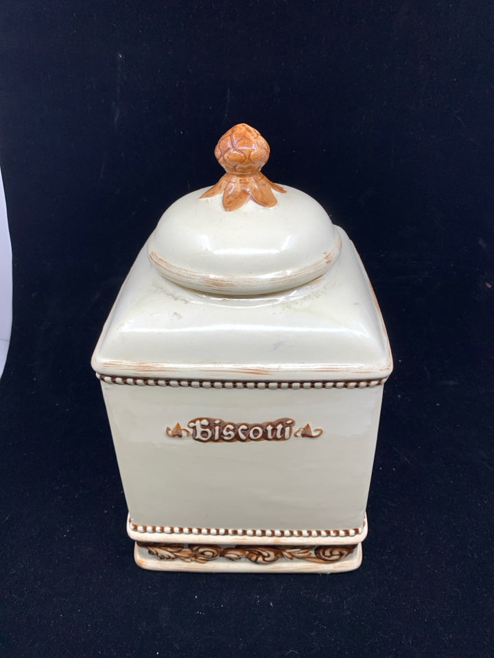 CREAM AND BROWN SCROLL PATTERN BISCOTTI COOKIE JAR.