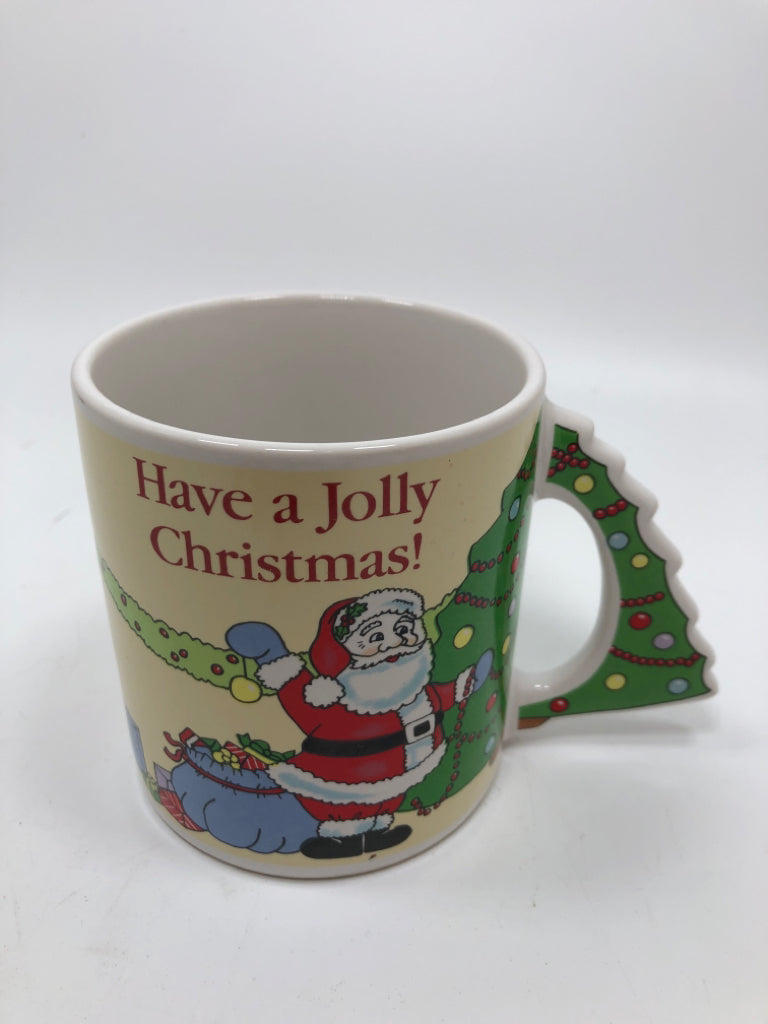 "HAVE A JOLLY CHRISTMAS" MUG W/ TREE HANDLE.