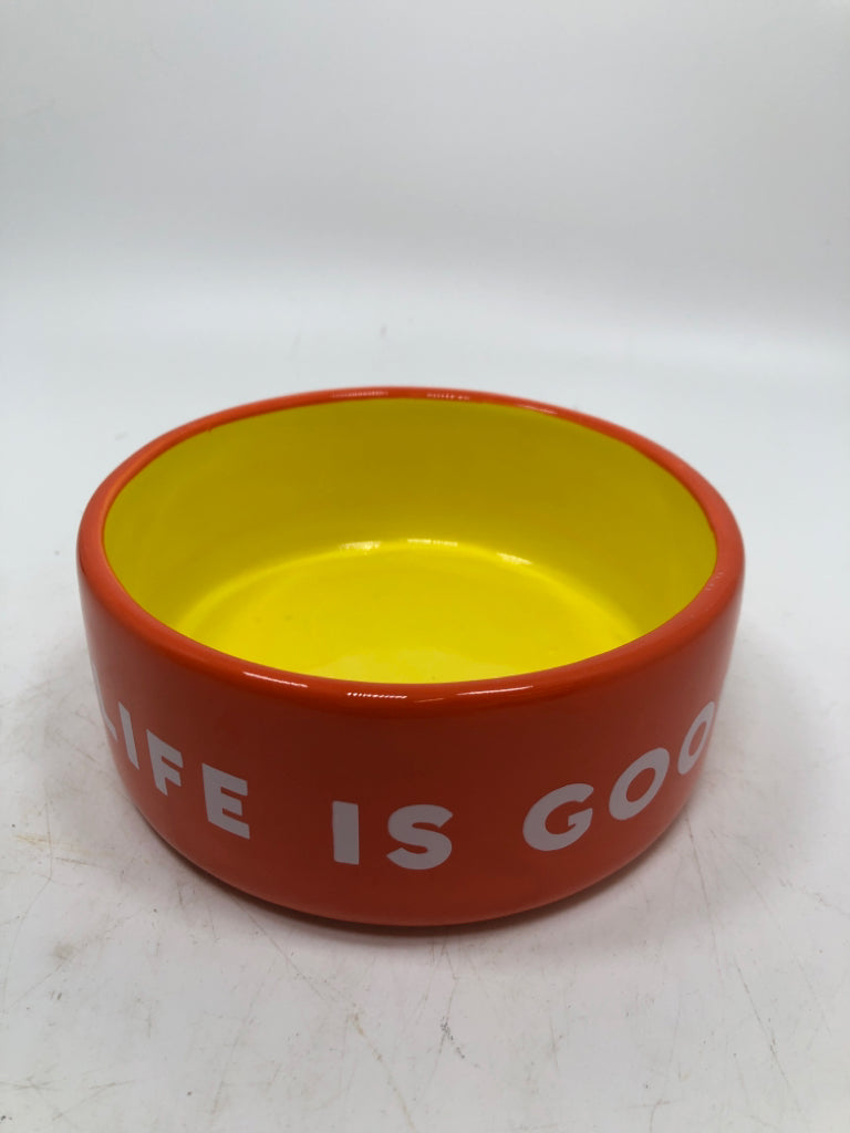 LIFE IS GOOD ORANGE/YELLOW PET FOOD BOWL.