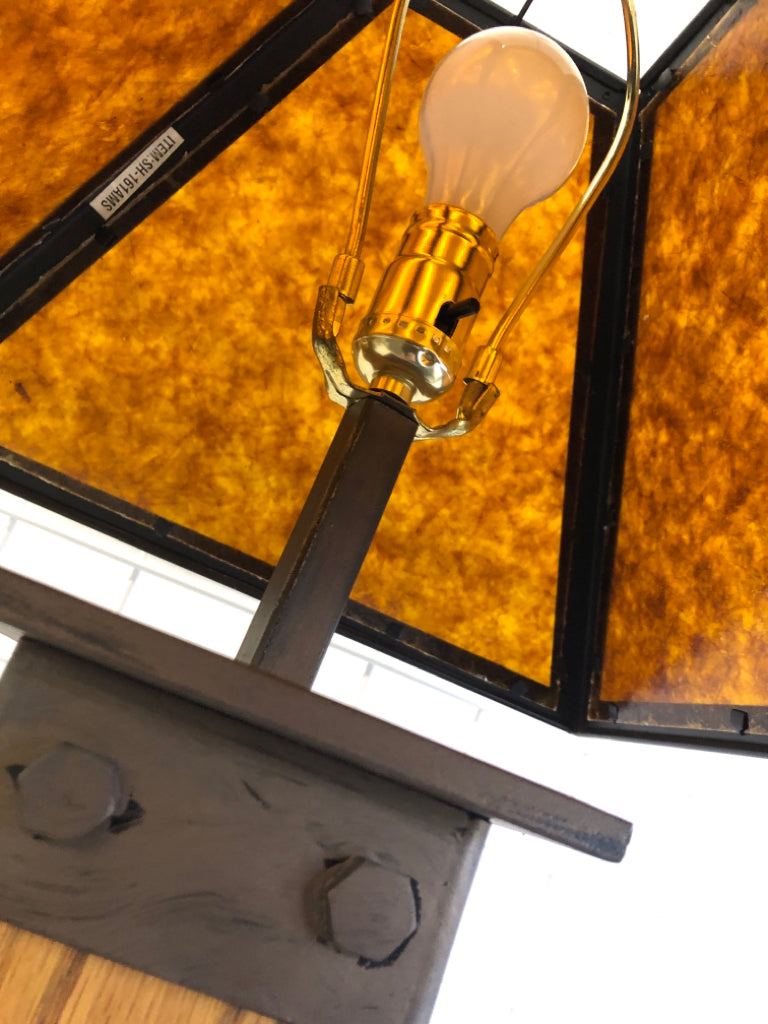 HEAVY WOOD BASE LAMP W/METAL ACCENTS & BROWN SHADE.