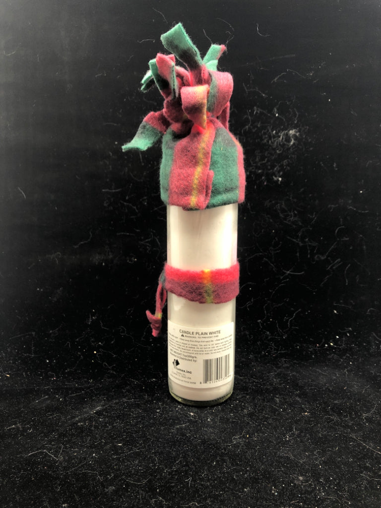 SNOWMAN CANDLE W RED GREEN HAT SCARF.