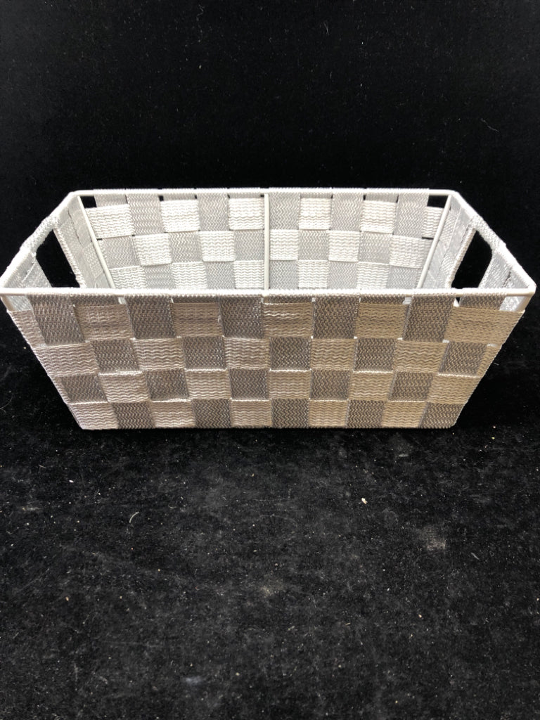 LIGHT GREY WOVEN FABRIC BASKET W/ HANDLES.