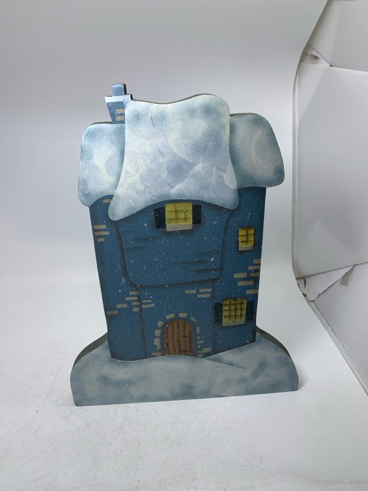 PRIMITIVE STYLE BLUE SNOWY HOUSE DECOR.